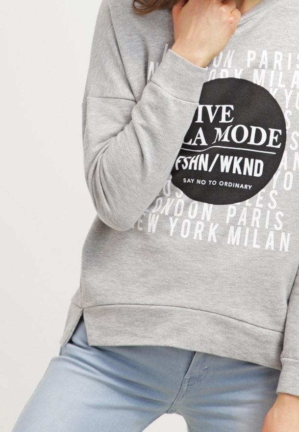 Sudadera gris con un gráfico redondo negro y texto blanco. Tiene un corte relajado, mangas largas y un dobladillo redondeado.