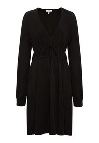 Schwarzes Langarmkleid mit V-Ausschnitt, tailliertem Design und Bindeband; verfügt über ein strukturiertes Muster für zusätzlichen visuellen Reiz.