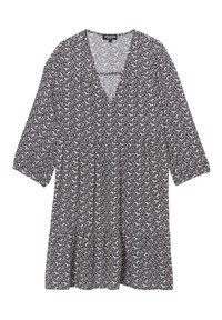 Vestido de estampado floral en blanco y negro, con escote en V, mangas tres cuartos y un dobladillo acampanado. Tejido ligero con una textura suave.