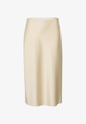 Crème-kleurige zijden midi rok met een gladde textuur, schone lijnen en een rechte silhuet. Heeft een subtiele glans en geen zichtbare versieringen.