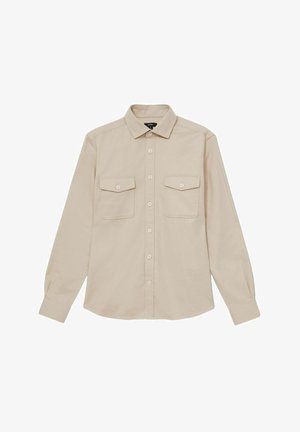 Heleda beez värvi nööpidega särk, mis on valmistatud tekstuurilisest kangast, sisaldab kraed, pikkasid varrukaid ning kahte rinnataskut klappidega.