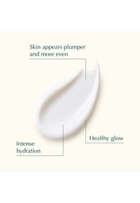 Strato di crema bianca con testo che evidenzia un'idratazione intensa, pelle dall'aspetto più tonico e uniforme, e benefici di un incarnato sano e luminoso.
