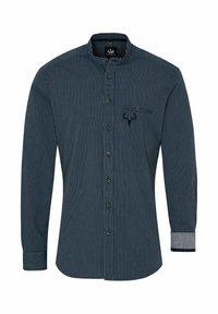 Gestreepte langemouwen shirt in donker marineblauw en grijs, met een knoopsluiting aan de voorkant, een kraag en een klein borstzakje met een logo. Gestructureerde stof.