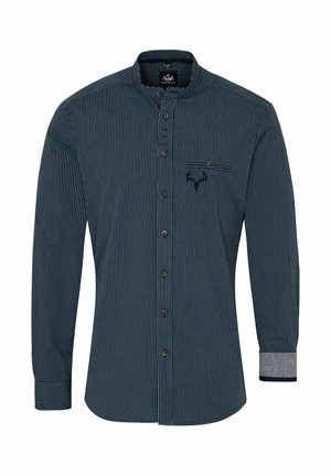 Gestreepte langemouwen shirt in donker marineblauw en grijs, met een knoopsluiting aan de voorkant, een kraag en een klein borstzakje met een logo. Gestructureerde stof.