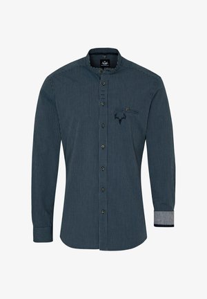 Gestreiftes Langarmshirt in Dunkelblau und Grau mit durchgehender Knopfleiste, Kragen und einer kleinen Brusttasche mit Logo. Strukturierter Stoff.