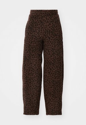 Brown fleece pants with an all-over black leopard print, featuring an elastic waistband and a relaxed, wide-leg design.