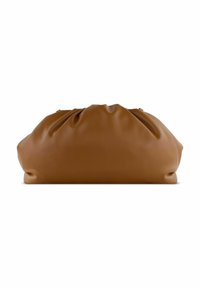 Borsa a mano in pelle marrone con un design morbido e arricciato. Texture liscia e forma arrotondata, con una leggera lucentezza e senza hardware visibile.