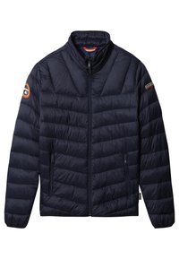 Giacca a vento navy con colletto alto, motivo trapuntato a chevron, tasche laterali con zip e dettaglio del logo sulla manica sinistra.