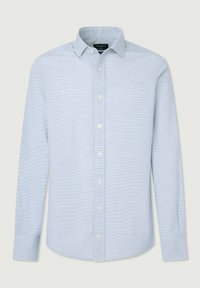 Camicia button-up azzurro chiaro con maniche lunghe, caratterizzata da un motivo a righe sottile e colletto a punta. Realizzata in un morbido tessuto tessuto.