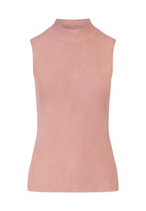 Top de punto sin mangas en rosa suave con cuello alto acanalado. Textura suave, silueta ajustada, diseño minimalista, sin patrones o acentos visibles.
