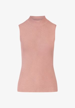 Bez rękawów, dzianinowy top w delikatnym różu z wysoką, żeberkową stójką. Gładka tekstura, dopasowany krój, minimalistyczny design, brak widocznych wzorów lub akcentów.
