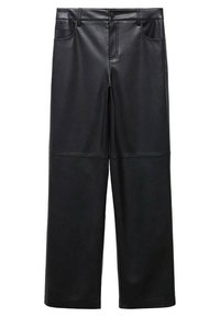Pantalon en cuir noir à taille haute et jambes larges avec poches avant et arrière, fermeture à boutons et détails de couture visibles au-dessus des genoux.