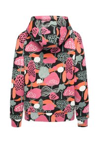 Felpa colorata con cappuccio caratterizzata da uno sfondo nero con motivi astratti di alberi e piante in rosa, arancione e verde. Polsini e orlo a coste.