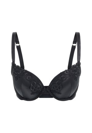 Soutien-gorge rembourré noir avec des détails en dentelle le long du bord supérieur. Texture satin lisse, bretelles ajustables, soutien-gorge avec armatures et fermeture à crochets.