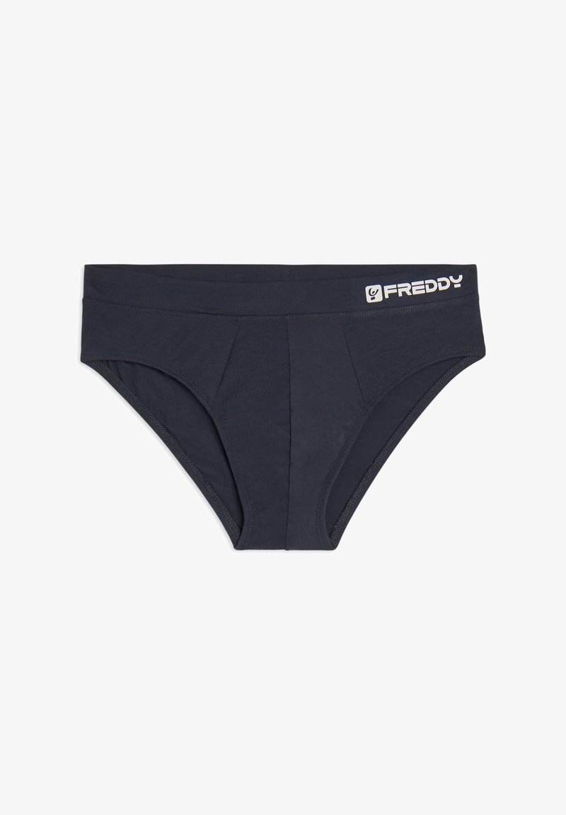 Braguitas de algodón azul marino oscuro con textura suave, cintura elástica con el logo "FREDDY" y diseño ajustado con pliegues sutiles en la parte frontal.