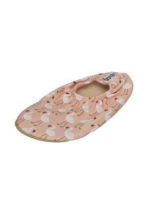 Soft pink baby shoe with white flamingo pattern, elastic opening, and light beige sole, designed for indoor use.
