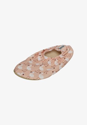 Soft pink baby shoe with white flamingo pattern, elastic opening, and light beige sole, designed for indoor use.