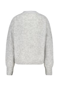 Pullover sweater in light grey, featuring a soft, textured knit, round neckline, and drop shoulder seams. Ribbed cuffs and hem.