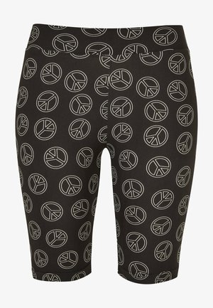 Mustat pyöräilyhousut, joissa on valkoisia rauhanmerkkejä koko pinnan alueella. Valmistettu joustavasta materiaalista, jossa on joustava vyötärö.