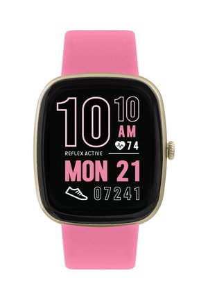 Smartwatch con cinturino rosa che mostra l'ora 10:10, la frequenza cardiaca 74, la data Lunedì 21 e 7.241 passi sullo schermo.
