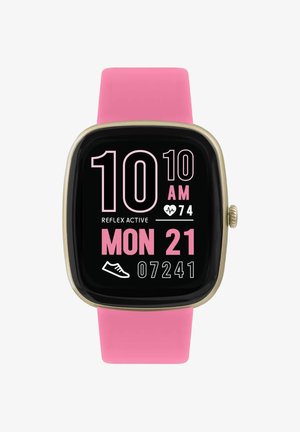Smartwatch con cinturino rosa che mostra l'ora 10:10, la frequenza cardiaca 74, la data Lunedì 21 e 7.241 passi sullo schermo.