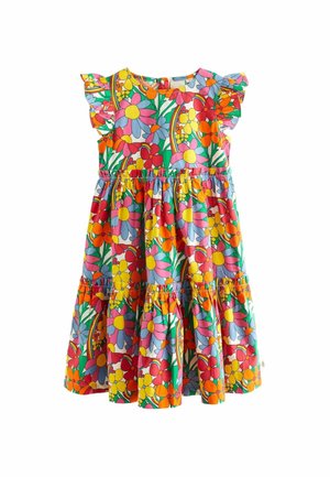 Abito floreale multicolore con maniche arricciate, vita raggrinzita e gonna a balze. Presenta motivi vivaci in rosa, giallo e verde su tessuto leggero.