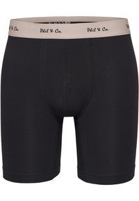 Svarta bomullskalsonger med en beige elastisk midjeband som har "Phil & Co."-logotypen. Slät textur, åtsittande design, längd till mitt på låret.