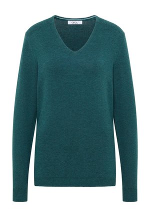 Suéter de punto en color verde azulado, con escote en V, mangas largas y puños acanalados. Textura suave y costuras uniformes y consistentes en toda la prenda. Etiqueta de la marca visible.