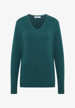 Türkises Strickpullover mit V-Ausschnitt, langen Ärmeln und gerippten Bündchen. Weiche Textur und gleichmäßige, konsequente Nähte überall. Markenlabel sichtbar.