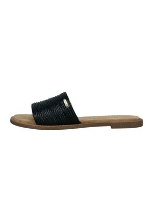 Black slide sandal with a textured upper and gold accent, featuring a cork footbed and a flat rubber outsole for comfort.