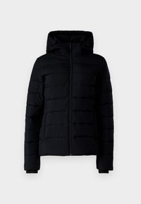 Doudoune noire avec fermeture éclair à l'avant, capuche et motif matelassé. Équipée de poignets élastiques et d'une texture lisse. Légère et isolante.