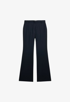 Navy blue pinstriped trousers with a flared shape; features two front pockets and a flat waistband, made from a smooth fabric.