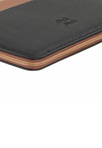 Black leather wallet with a textured finish, featuring contrasting thin layers of tan and reddish-brown along the edges.