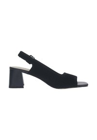 Scarpe con tacco slingback nere, con upper in tessuto texturizzato, design con punta aperta e un tacco a blocco spesso per maggiore stabilità.