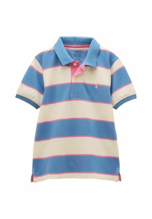 Kurzärmeliges Kinder-Poloshirt mit blau-hellbeige-rosa horizontalen Streifen, zwei Knöpfen und einem Kragen.