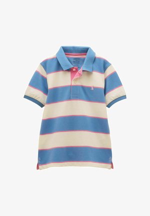 Polo pour enfant à manches courtes avec des rayures horizontales bleues, crème et roses, deux boutons et un col.