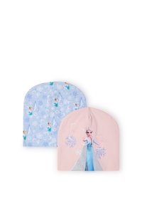 Dwie czapki typu beanie: jedna jasnoniebieska z nadrukiem kryształów lodu i postaci, druga różowa z błyszczącym wzorem postaci z przodu.