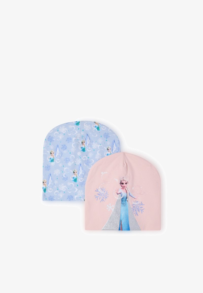 Dwie czapki typu beanie: jedna jasnoniebieska z nadrukiem kryształów lodu i postaci, druga różowa z błyszczącym wzorem postaci z przodu.