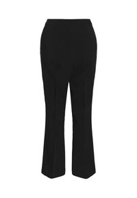 Black trousers with a fitted waist and flared legs. Features back pockets and a smooth, textured fabric. No visible hardware or patterns.