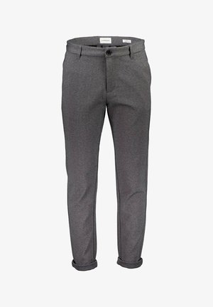 Graue Stoffhose mit schmaler Passform, ausgestattet mit einem einzigen Knopfverschluss, Gürtelschlaufen und umgeschlagenen Bündchen. Glatte Textur mit dezenten Nahtdetails.