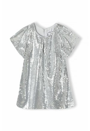 Haut à sequins argentés avec manches courtes, encolure arrondie et fermeture à boutons dans le dos. Surface brillante et texturée, coupe ample.