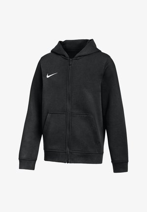Sudadera negra con cremallera, bolsillos delanteros y logo blanco de Nike en el pecho izquierdo, con mangas largas y capucha.