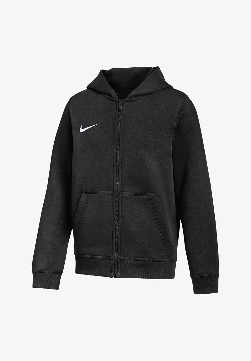 Sweat à capuche noir zippé avec poches avant et un logo Nike blanc sur la poitrine gauche, doté de manches longues et d'une capuche.