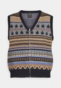 Pletená vesta bez rukávů s výstřihem do V, zdobená vícebarevnými geometrickými vzory v modré, hnědé a černé barvě. Přední zipové zapínání.