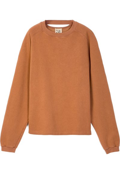 Brown cotton sweatshirt with long sleeves, crew neckline, and ribbed cuffs. Features a regular fit with minimal stitching detail.