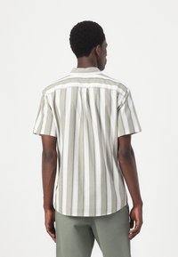 Chemise à manches courtes rayée en vert clair et blanc, avec un col droit, un pli au dos et un ourlet arrondi.