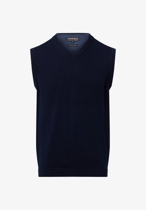 Marineblauer ärmelloser Pullover mit V-Ausschnitt, gestricktem Muster und geripptem Saum. Hergestellt aus weichem, atmungsaktivem Material, das sich ideal zum Schichten eignet.