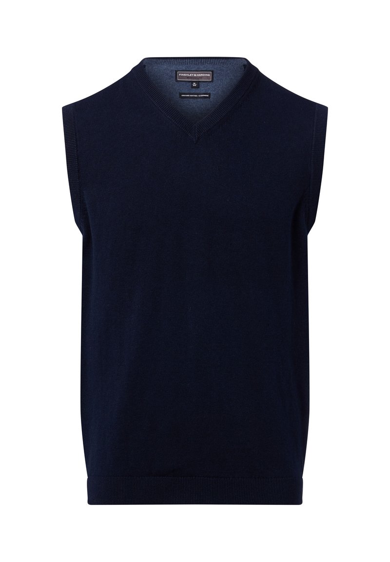 Granatowy bezrękawnik z dekoltem w serek, z dzianinową teksturą i prążkowanym wykończeniem. Wykonany z miękkiej, oddychającej tkaniny, idealny do noszenia nałożonego na inne ubrania.