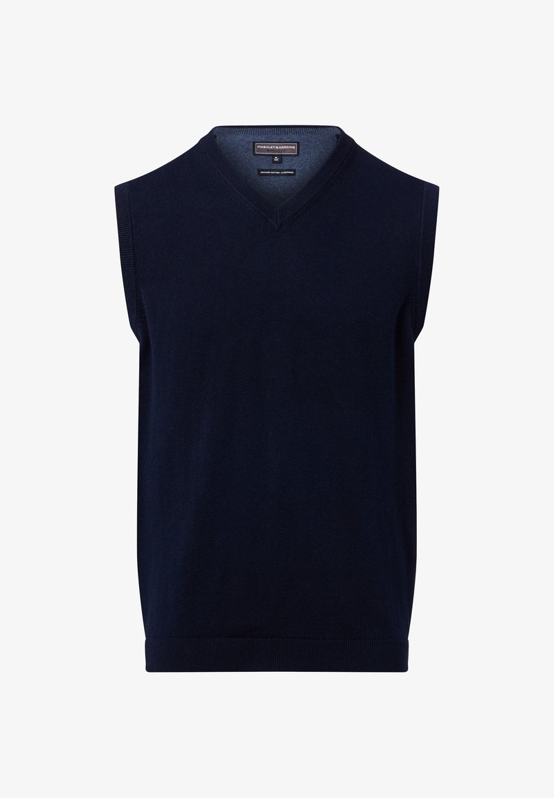 Granatowy bezrękawnik z dekoltem w serek, z dzianinową teksturą i prążkowanym wykończeniem. Wykonany z miękkiej, oddychającej tkaniny, idealny do noszenia nałożonego na inne ubrania.