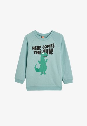 Lyseblå bomulds sweatshirt med raglanærmer, med et grønt dinosaur grafik og sort tekst der siger "HER KOMMER SJOVEN!"